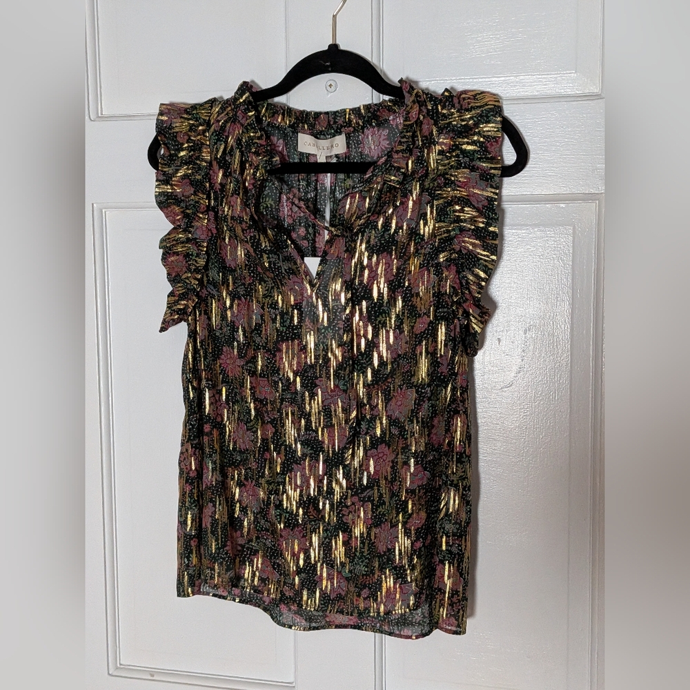 Caballero Laraine Top Starlight Floral Ruffle Sleeve Boho Blouse Silk Blend XS - Picture 3 of 6